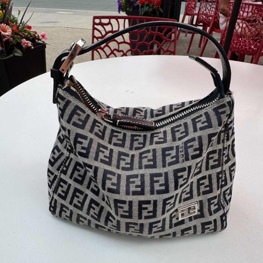 Fendi Zucchino Handbag Navy Blue Canvas and Leather Mini